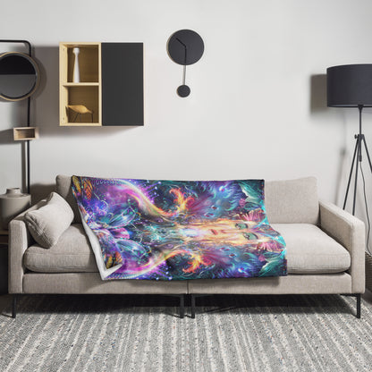 The Medicina ayahuasca throw blanket draped in a home lifestyle setting.