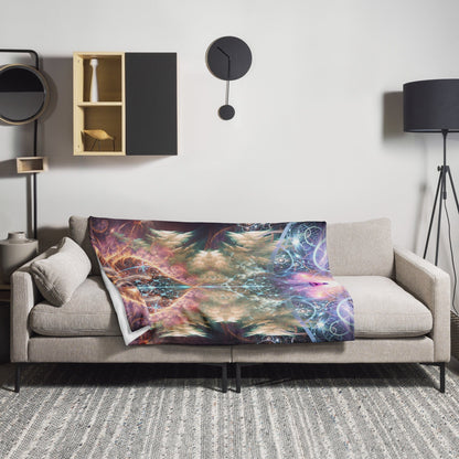 The Alchemist's Breath Buddha throw blanket draped in a home lifestyle setting.