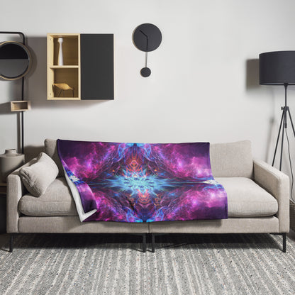 The Angelic Force fractal portal throw blanket draped in a home lifestyle setting.