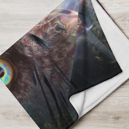 The Complete Awareness trippy owl throw blanket styled in a cozy living room setting.
