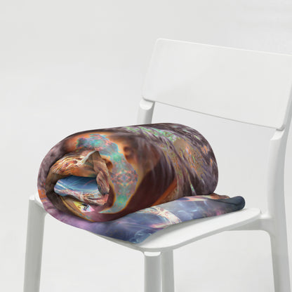 Lifestyle photo of the Complete Awareness trippy owl throw blanket in a home setting.