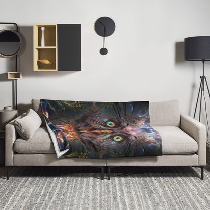 The Complete Awareness trippy owl throw blanket draped in a home lifestyle setting.