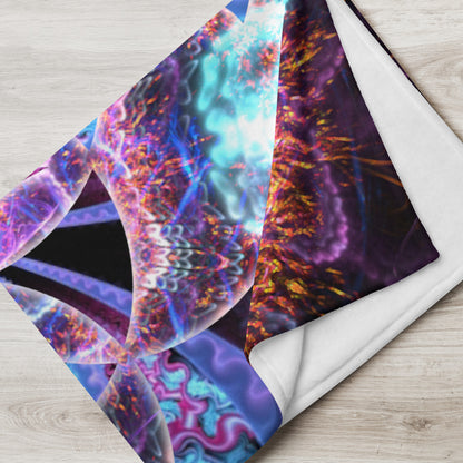 The Flower of Life fractal mandala throw blanket styled in a cozy living room setting.