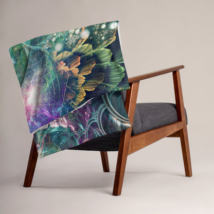 Lifestyle photo of the Nectar hummingbird spirit animal throw blanket in a home setting.
