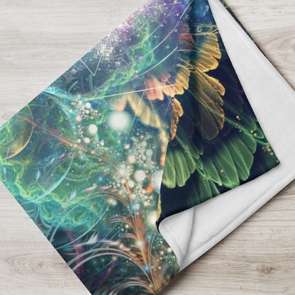 The Nectar hummingbird spirit animal throw blanket shown draped over furniture at home.