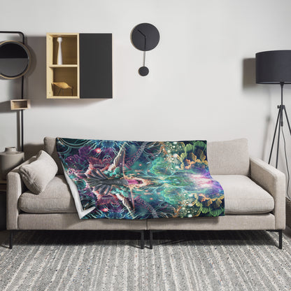 The Nectar hummingbird spirit animal throw blanket draped in a home lifestyle setting.