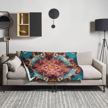 The Reaching for Light floral mandala throw blanket draped in a home lifestyle setting.