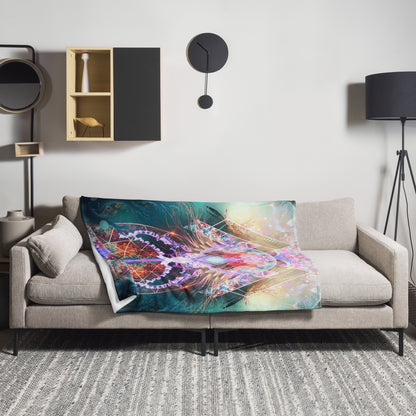 "Primordial Soup" psychedelic jellyfish throw blanket draped over a couch in a living room.