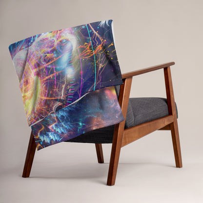 "Soul Seeker" throw blanket styled across a bed, showing size and drape.
