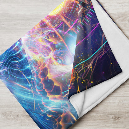 "Soul Seeker" throw blanket draped over the arm of a chair, showing the full print.