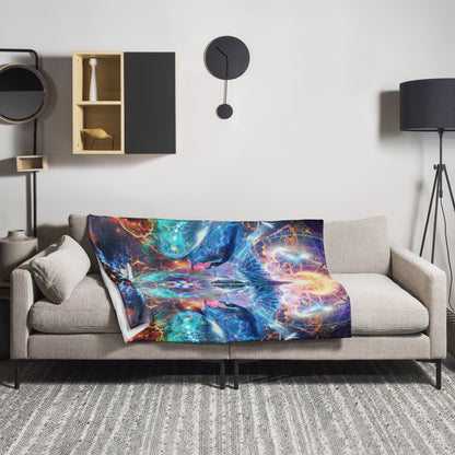 "Soul Seeker" raven visionary art throw blanket draped over a couch in a living room.