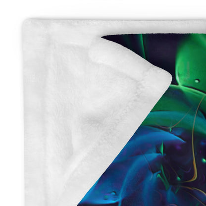 Close-up of the "Awakened" throw blanket's folded corner, showing the plush white backing