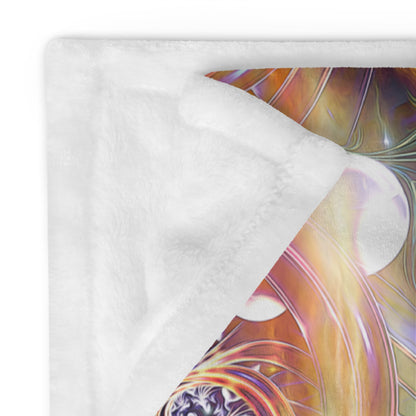 Close-up of the "Divine Protection" throw blanket's folded corner, showing the plush white backing