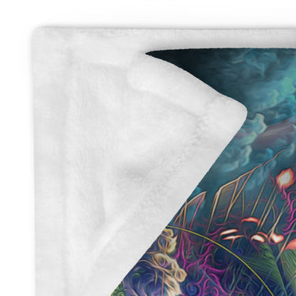 Close-up of the "Emergence" throw blanket's folded corner, showing the plush white backing