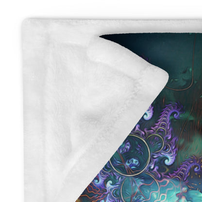 Close-up of the "Density 432" throw blanket's folded corner, showing the plush white backing
