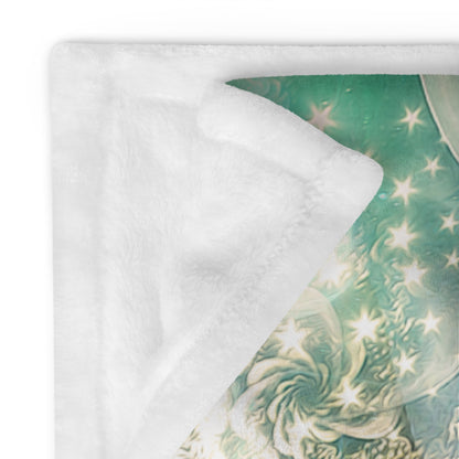Close-up of the "Celestial Vibrations" throw blanket's folded corner, showing the plush white backing