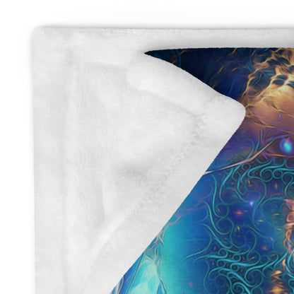 Close-up of the "Polaris" throw blanket's folded corner, showing the plush white backing