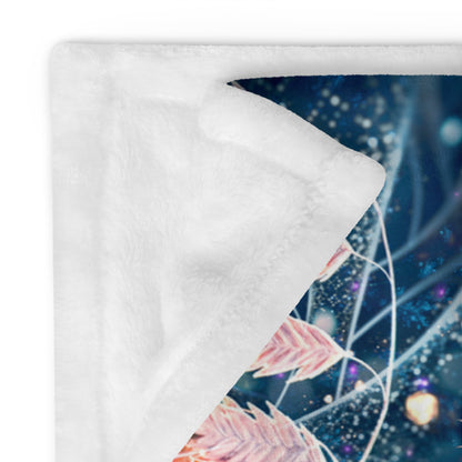 Close-up of the Solitude throw blanket's soft silk-touch fabric texture over the snow leopard print.