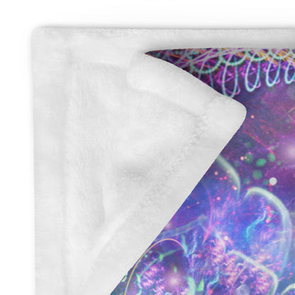 Close-up of the fabric and print detail on the Medicina ayahuasca throw blanket.