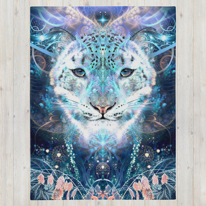 Flat front view of the Solitude throw blanket displaying the full psychedelic snow leopard print edge to edge.