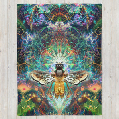 Flat front view of the To Bee or Not to Bee throw blanket showing the full psychedelic honey bee print.