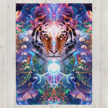 Front view of the folded Hunter's Moon tiger throw blanket showing the full print.