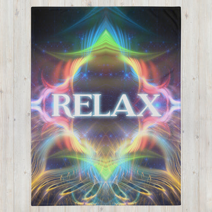 Front view of the folded Relax fractal typography throw blanket showing the full print.
