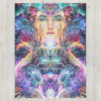 Front view of the folded Medicina ayahuasca throw blanket showing the full print.