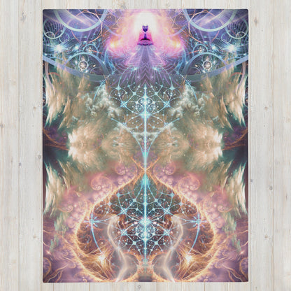 Front view of the folded Alchemist's Breath Buddha throw blanket showing the full print.