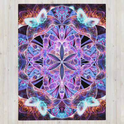 Front view of the folded Flower of Life fractal mandala throw blanket showing the full print.