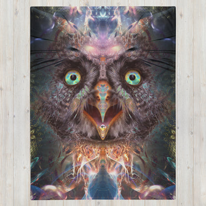 Front view of the folded Complete Awareness trippy owl throw blanket showing the full print.