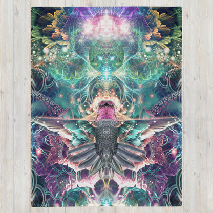 Front view of the folded Nectar hummingbird spirit animal throw blanket showing the full print.