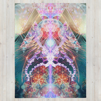 "Primordial Soup" psychedelic jellyfish throw blanket laid flat, printed side facing up.