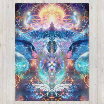 "Soul Seeker" raven visionary art throw blanket laid flat, printed side facing up.