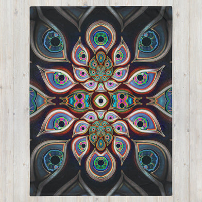 The Waiting Room DMT eyes mandala throw blanket in the 60 by 80 inch size, laid flat from the front.