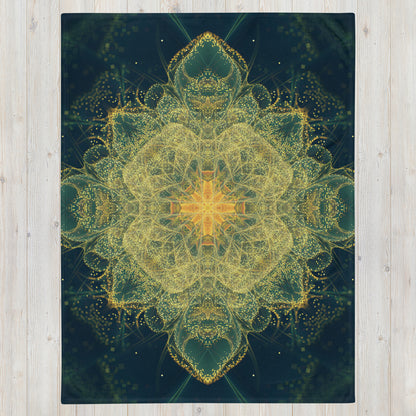 "Happy Thoughts" fractal mandala throw blanket laid flat, printed side facing up.