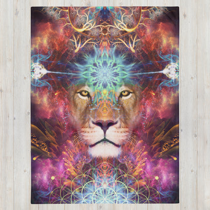 "Genesis" lion visionary art throw blanket laid flat, printed side facing up.