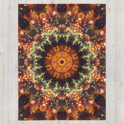 "Autumn Bloom" floral mandala throw blanket laid flat, printed side facing up.