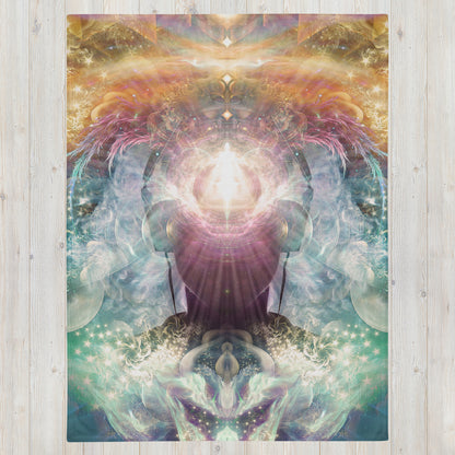 The "Celestial Vibrations" throw blanket laid flat, showing the full printed design