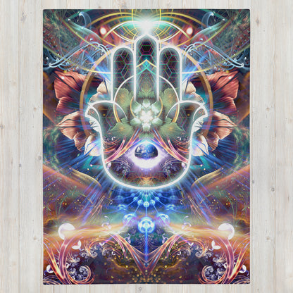 The "Divine Protection" throw blanket laid flat, showing the full printed design