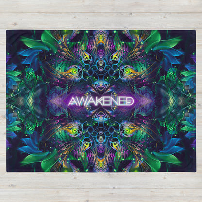 The "Awakened" throw blanket laid flat, showing the full printed design