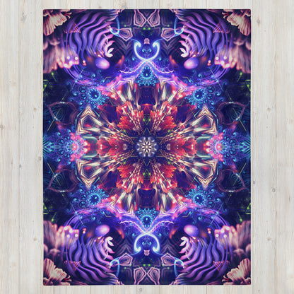 "Flow State" psychedelic mandala throw blanket laid flat, printed side facing up.