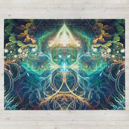 "Blossom" psychedelic flower throw blanket laid flat, printed side facing up.
