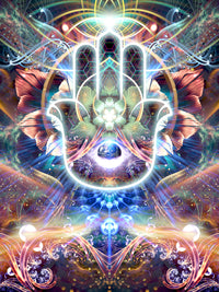 Wall tapestry printed with the 'Divine Protection' psychedelic hamsa artwork.