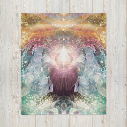 Front view of the "Celestial Vibrations" throw blanket print laid flat on the floor