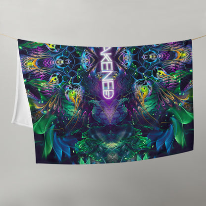 Front view of the "Awakened" throw blanket print laid flat on the floor