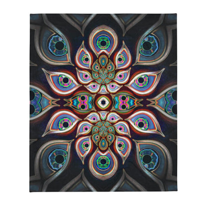 The Waiting Room DMT eyes mandala throw blanket in the 50 by 60 inch size, laid flat from the front.