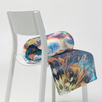 The "Polaris" throw blanket draped over a couch, corner folded to show the white reverse side